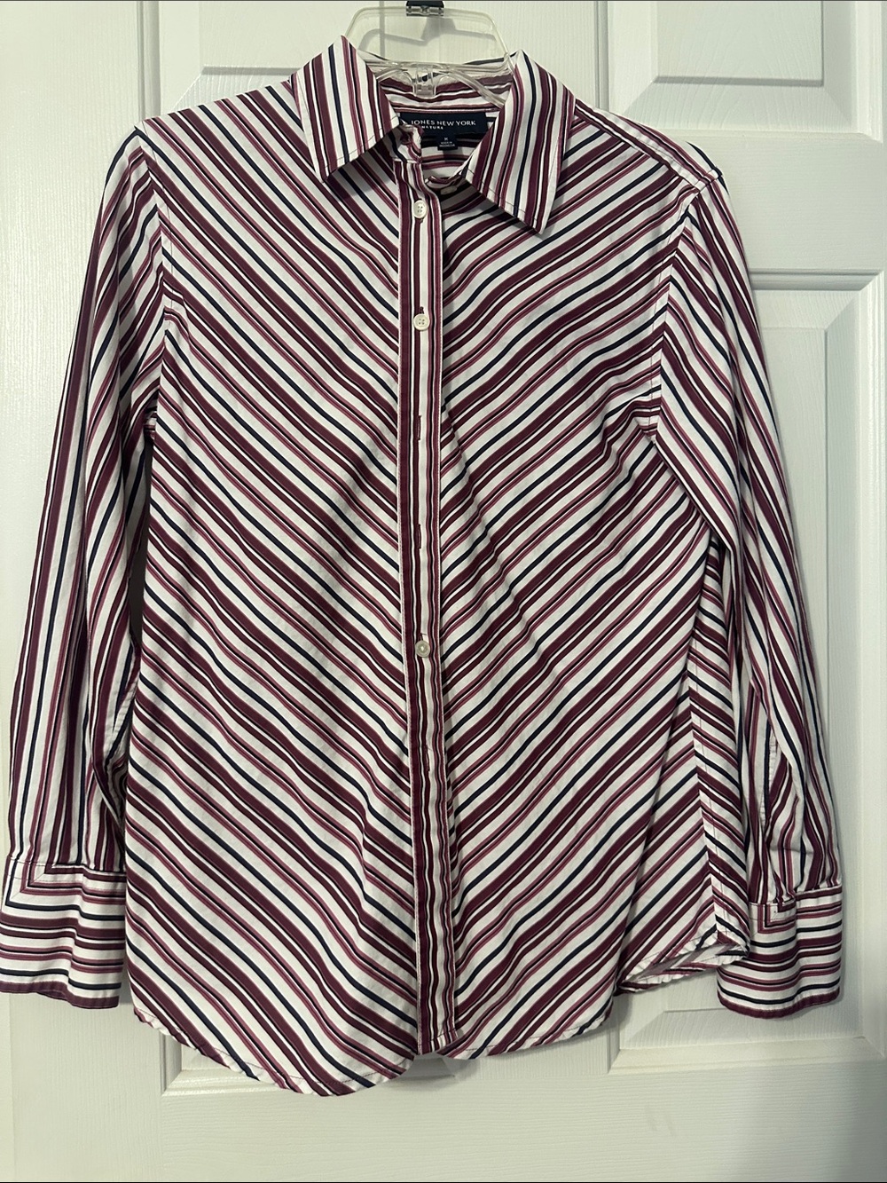 Jones New York White and Burgundy Striped Button-Down Blouse